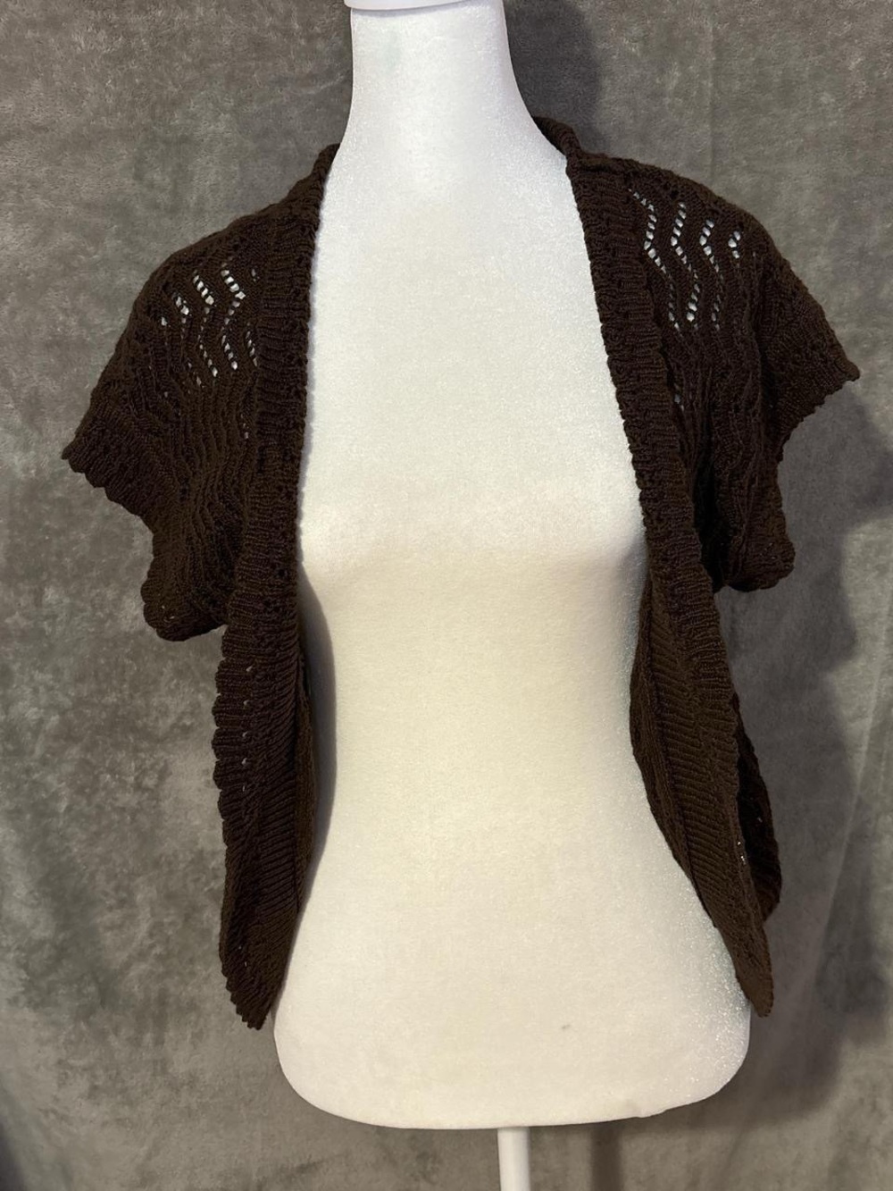 Vintage Y2K Brown Boho Open Knit Crochet Short Sleeve Cardigan